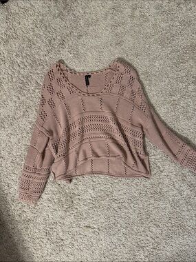 Crochet Knit Openwork Pullover Sweater - Dusty Rose- slightly cropped